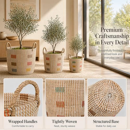 Natural Seagrass Storage Baskets Set of 3 with Handles, Handwoven Decorative Nesting Bins for Blankets, Towels, Toys, Closet, Living Room