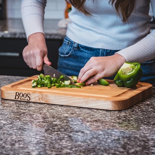 John Boos Prestige Series Rectangular Wooden Maple Cutting Board 16”x10” – 1.25” Thick, 6-lb Reversible Butcher Block with Juice Groove, Edge-Grain & Finger Grip Hole – Made in the USA | 1.25” Thick, 6-lb Butcher Block with Juice Groove, Edge-Grain & Fing