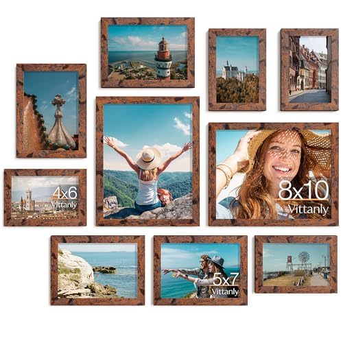 Vittanly 10 Pack Picture Frames Collage Wall Decor, Rustic Brown | Gallery Wall Frame Set: 2pcs 8x10, 4pcs 5x7 & 4pcs 4x6 Photos for Wall & Table, Picture Frames made of Engineered Wood - color: Rustic Brown
