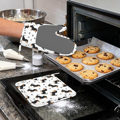 Cute Dachshund Dog Heat-Resistant Silicone Oven Mitts and Pot Holders 4 Piece Set,Extra Long Non-Slip Kitchen Oven Gloves for Cooking, Baking, BBQ,Grilling - color: Cute Dachshund Dog