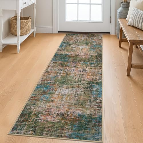 KILOCOCO Runner Rug 2x6 ft Washable Hallway Runners, Green/Orange/Blue | Machine Washable Kitchen Runner, Non Slip Entryway Runner, Printed Carpet Runners, Abstract Floor Runners, Soft Bedside Rug - color: Multi Green, size: 2' x 6' (Runner)