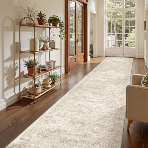 2'6 x 14' Runner Rug Non Slip,Washable Kitchen Rugs,Beige | 14 ft Runner Rug for Hallway,Entryway,Bedroom,Living Room,Thin,Soft, Extra Long Rug,Stain Resistant Indoor Carpet - color: Beige/Ivory, size: 2'6" x 14' (Runner)