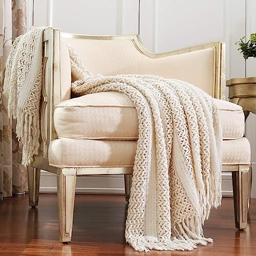 CREVENT Home Decor Farmhouse Couch Sofa Chair Bed Throw Blanket, Soft Warm Cozy Light Weight for Travelling (50''X60'' Beige/Ivory) - color: Tan