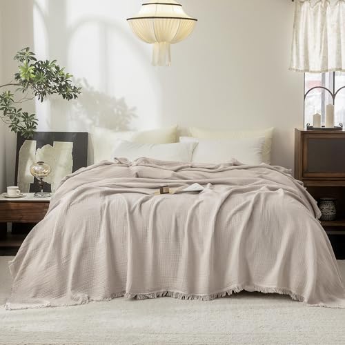 FOSSA Muslin Blanket: 4-Layer 100% Cotton Gauze Blanket with Fringe 98"x98" | Super Soft Breathable Lightweight All Season & Decforative Blanket for Bed, Sofa, Office - color: Beige Gray, size: Oversize Queen(98" × 98")