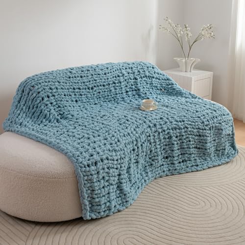 Chunky Knit Blanket Throw for Couch 50"×60" Turquoise | 100% Handmade Knitted Throw Blanket Fluffy Soft Blanket with Jumbo Chenille Yarn Thick - color: Turquoise, size: 50"*60"