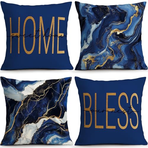 Blue Marble Pillow Covers Set of 4, 18x18 Bless Home Sofa Bedroom Decor | Faux Linen Blue Marble Pillow Covers with Bless Home Design Refresh Farmhouse Living Room Porch Decor - color: Home Sweet Blue Marble, size: 18" x 18" (Pack of 4)