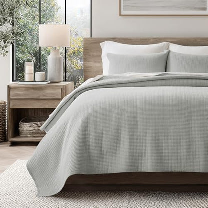100% Cotton Modern Grid Stitch Quilt Set Queen Size, Drizzle Gray | Pre-Washed Cotton Coverlet Bedspread, Oversized Lightweight 3-Piece Bedding Set for All Season, with 2 Pillow Shams - color: Drizzle Gray, size: Full/Queen (96" X 94")