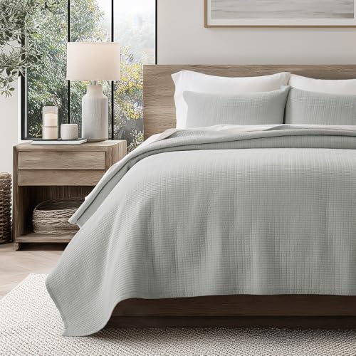100% Cotton Modern Grid Stitch Quilt Set Queen Size, Drizzle Gray | Pre-Washed Cotton Coverlet Bedspread, Oversized Lightweight 3-Piece Bedding Set for All Season, with 2 Pillow Shams - color: Drizzle Gray, size: Full/Queen (96" X 94")
