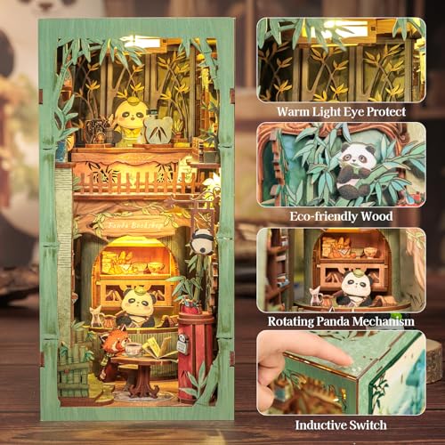 Book Nook Kit – DIY Miniature Kit for Adults Tiny House Booknook 3D Wooden Puzzles Decorative Bookends Gifts for Women Book Lovers (Panda Bookshop - style: Panda Bookshop