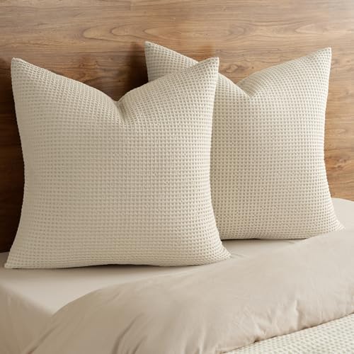 PHF 100% Cotton Waffle Throw Pillow Covers 24"X24", No Filling, 2 Pack Elegant Home Decorative Square Throw Pillow Covers for Bed Couch Sofa,Linen - color: Linen, size: 24" x 24" (Pack of 2)