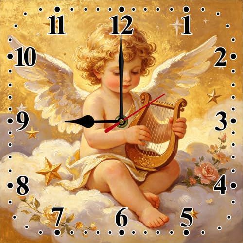 10 Inch Angels Wall Clock Rustic Farmhouse Style Non Ticking Wooden Wall Clock Battery Operated Esay Read for Home Decor Living Room Bedroom Kids Room Office - color: C2