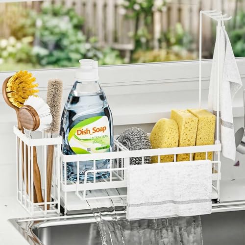 Kitchen Sink Organizer, Stainless Steel Sponge Holder, White | Rust-Resistant Steel, Detachable Draining Board, Compartment Divider, Brush Holder & Towel Bar, Ideal for Kitchen Storage - color: White