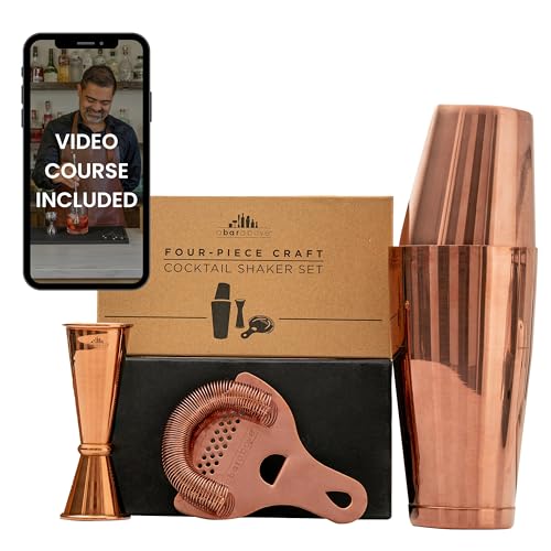 A Bar Above 4 Piece Cocktail Shaker Set with Cocktail Course Included | Includes Strainer, Jigger, and Boston Tin, Bar Kit for Home and Professional Use, Mixology Guide for Beginners, Bar Essential - color: Antique Copper, size: 4-Piece Bar Set & Online M