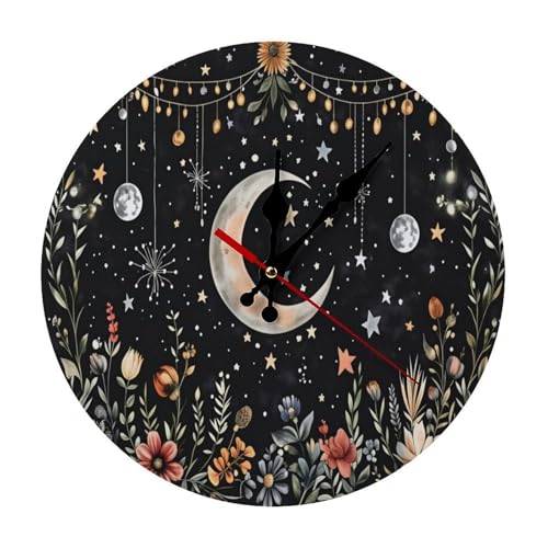 Bohemian Moon & Floral Minimalist Silent Wall Clock 9.8x9.8 inches, Modern Round Wooden Clock Without Numbers for Bedroom Living Room Office Home Decor - color: Bohemian Moon & Floral, size: 9.8x9.8 inches