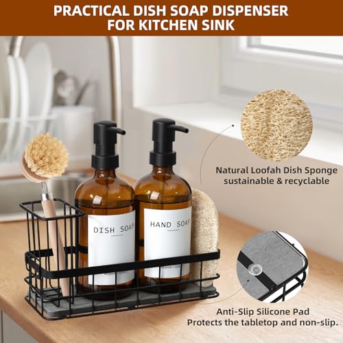 Dish Soap Dispenser for Kitchen, 16.9 fl oz Amber Hand and Dish Soap Dispensers, Kitchen Soap Dispenser Set with Sponge Holder, Brush Holder and Loofah Sponge, Countertop Sink Organizer Accessories - color: Amber