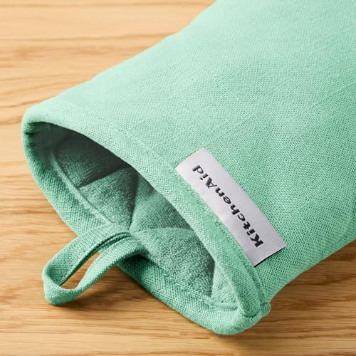KITCHENAID Gourmet Series Gridlines Mini Oven Mitts 2-Pack Set, Heat Resistant up to 600°F, Soft Silicone Grip, Magnetic Cuff, Color of The Year, Spearmint, 5.5"x9" - color: Spearmint
