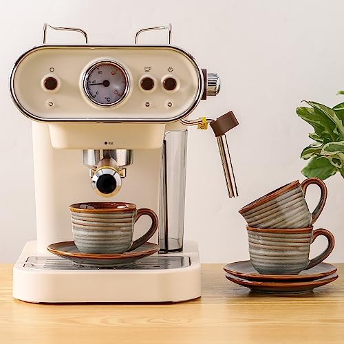 Hasense Espresso Cups with Saucers, 4 oz Small Ceramic Espresso Coffee Mugs Set of 4, Cute Cappuccino Cup Set, Demitasse Cups Perfect for Espresso Shots, Cappuccino, Tea-Grey Brown - color: Grey Brown, size: 4oz - Set of 4