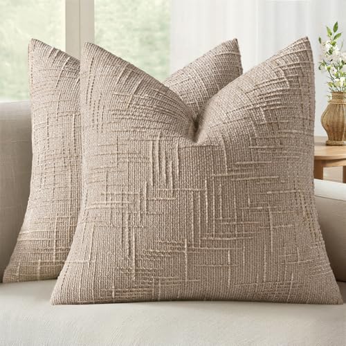 MIULEE Chenille Textured Throw Pillow Covers Oatmeal 16x16 Set of 2 | Slubby Decorative Pillows, Boho Farmhouse Home Decor, Modern Neutral Cushion Covers for Couch Sofa Bed Living Room - color: Oatmeal, size: 16" x 16" (Pack of 2)