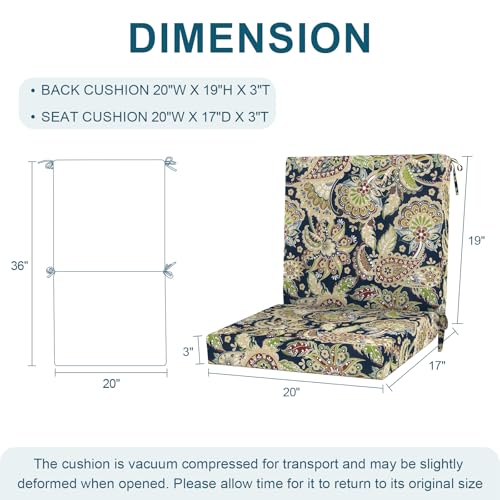 DYTXIII Outdoor Midback Chair Cushions Set of 2-20"x17" Water Repellent & Fade-Resistant Patio Seat Cushions with High-Resiliency Foam, Non-Slip Ties for Dining, Balcony Furniture-Paisley Sapphire - color: Paisley Sapphire