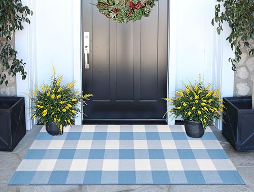 BUAGETUP Front Porch Rug 24"x51"Light Blue and White Washable Outdoor Rug | Cotton Woven Layered Doormat Farmhouse Buffalo Plaid Layering Rug for Front Entryway Decor - color: Light Blue, size: 24''x 51''