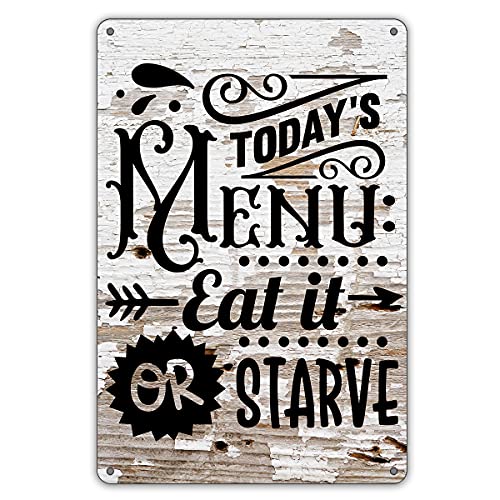 QIONGQI Funny Kitchen Quote Metal Tin Sign Wall Decor Farmhouse Rustic Today's Menu Eat It Or Starve Sign for Home Kitchen Decor Gifts - color: menu
