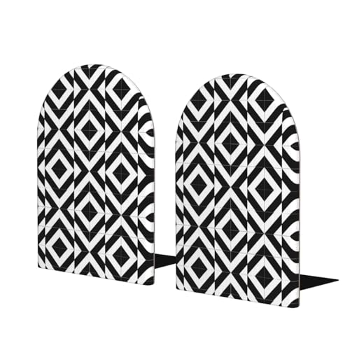 Geometric Black & White Patterns Print Book Ends, 1 Pair Sturdy Wooden Bookends for Shelves Heavy Duty Non-Slip Wood Bookend for Home Office Library School Study Decoration