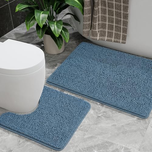 Bathroom Rug Sets 2 Piece, 20"x20" U-Shaped & 21"×34", Denim Blue | Toilet Mat Non Slip Bath Mats Floor Set, Washable Bath Rug Set, Absorbent Soft Bathroom Rug - color: Denim Blue