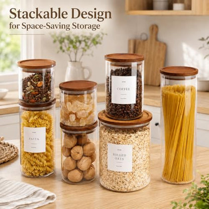 6 Pack Glass Jars with Acacia Lids, 21oz Pantry Airtight Storage Containers | Glass Kitchen Canisters with 105 Labels, Food Storage Containers for Pantry with Wood Lids for Coffee, Tea, Sugar, Spice - size: 21oz 6 Pack