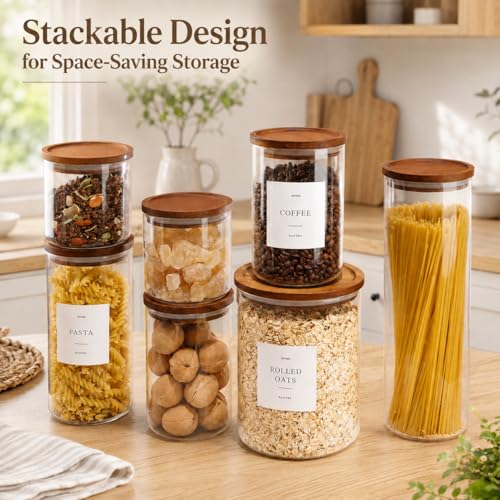 2 Pack Glass Containers with Acacia Lids, 70oz Pantry Airtight Storage Jars | Large Kitchen Canisters with 105 Labels, Pantry Food Storage Containers with Wood Lids for Pasta, Flour, Rice, Cereal - size: 70oz 2 Pack