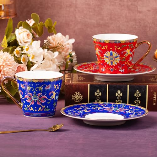 KAMMAK Tea Cup and Saucer, Ceramic Coffee Cups, 8 oz, Set of 2 | Porcelain Tea Cups with Saucers for Coffee and Cappuccino, Ideal for Breakfast, Afternoon Tea and Entertaining,629N+630N - style: 629N+630N