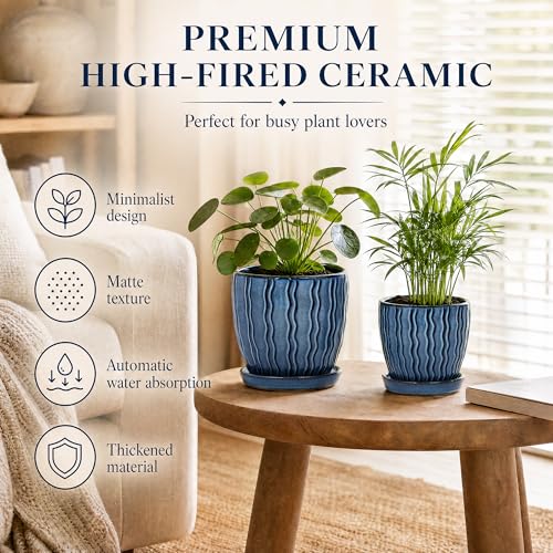 Ceramic Plant Pots, Modern Flower Pots, Small Plant Pots 4.5+5.5inch | Flower Pots Indoor Planters with Drainage and Tray, Modern Indoor Plant Pots for Home and Office, Small Planters - color: Blue
