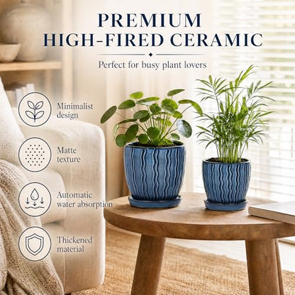 Ceramic Plant Pots, Modern Flower Pots, Small Plant Pots 4.5+5.5inch | Flower Pots Indoor Planters with Drainage and Tray, Modern Indoor Plant Pots for Home and Office, Small Planters - color: Blue