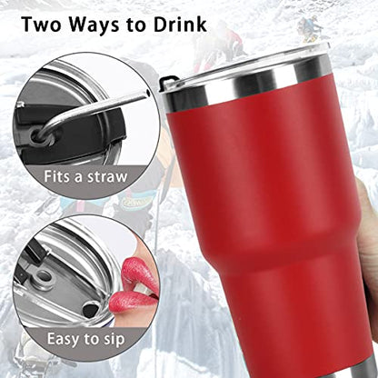 SYACOT 30oz Tumbler Double Wall Stainless Steel Vacuum Insulated Travel Mug with Splash-Proof Lid Metal Straw and Brush - color: Red-30oz