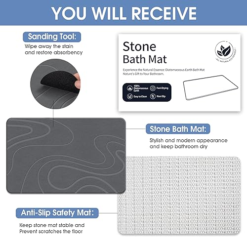 Veeloim Stone Bath Mat Diatomaceous Earth Shower Mat Non-Slip Super Absorbent Diatomite Stone Bath Mats for Bathroom Floor Quick Drying Natural Easy to Clean | Fast Drying, Super Absorbent, Non-Slip Design, Easy to Clean, Durable Diatomaceous Earth - colo