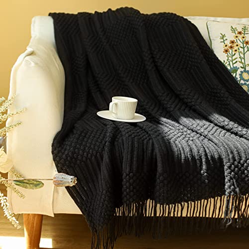 Blagic Knitted Throw Blanket for Couch, Bed and Sofa. Super Soft Blanket with Tassels, Black Throw Blanket, 60 x 80 Inches Lightweight & Cosy Home Decor - color: K-black, size: 60 × 80 in