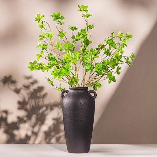 12 Inch Tall Black Ceramic Vase, with 5 Branches of 25 Inch Faux Artificial Vibrant Greenery Stems Set, Textured Minimalist Jug, Fake Stem Plants, Decorative Farmhouse, Console Table Centerpiece Decor - color: Black