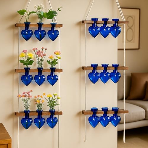 Leinuosen Wall Hanging Plant Propagation Stations Mother Gifts for Her Plant Lovers 3 Tiered 9 Heart Shaped Glass Vases Terrarium with Wooden Stand for Hydroponics Indoor Garden Home Decor(Blue) - color: Blue