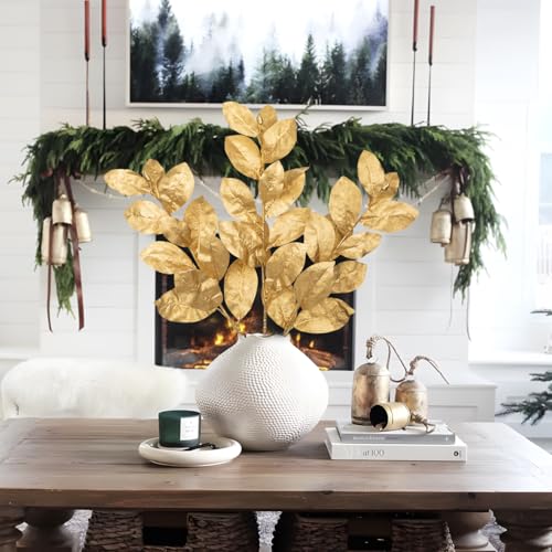 Briful Gold Magnolia Leaves Branches, 3 Pack 28.7in Faux Magnolia Leaves Stems Artificial Christmas Greenery Branches for Xmas Home Vase Floral Arrangement - color: Glitter Gold