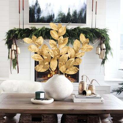 Briful Gold Magnolia Leaves Branches, 3 Pack 28.7in Faux Magnolia Leaves Stems Artificial Christmas Greenery Branches for Xmas Home Vase Floral Arrangement - color: Glitter Gold