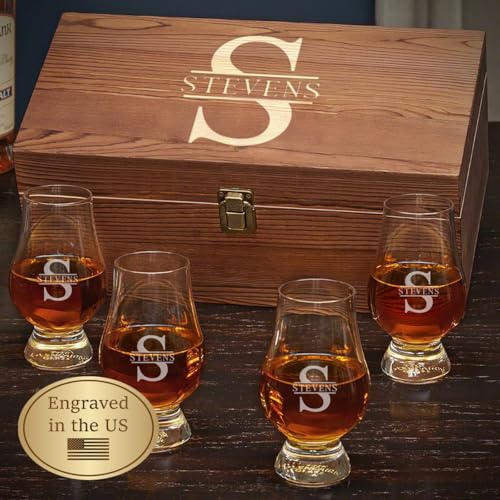 Personalized Glencairn Whiskey Glass Gift Set with Wooden Box – Set of 4 Engraved 6 oz Glencairn Bourbon & Scotch Tasting Glasses, Custom Whiskey Lover Gift for Dad, Husband & Collectors - style: Brown Box Set