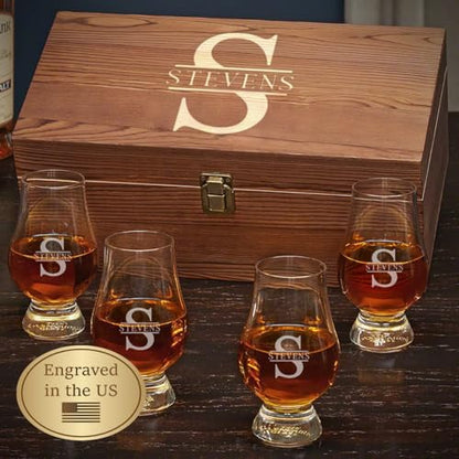 Personalized Glencairn Whiskey Glass Gift Set with Wooden Box – Set of 4 Engraved 6 oz Glencairn Bourbon & Scotch Tasting Glasses, Custom Whiskey Lover Gift for Dad, Husband & Collectors - style: Brown Box Set
