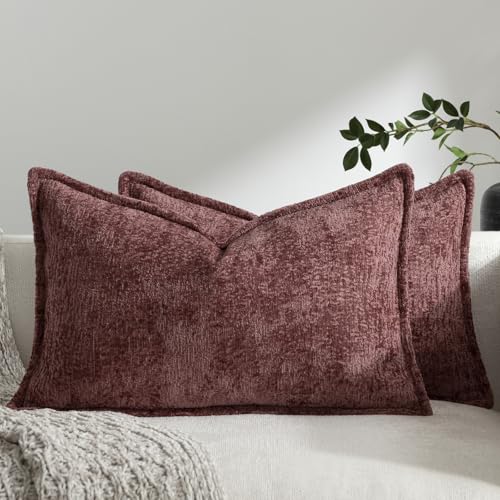 Pack of 2 Christmas Burgundy Fall Decorative Throw Pillow Covers 12x20 Cozy Soft Chenille Accent Vintage Rectangular Lumbar Couch Pillow Covers for Home Decor Bed Sofa Living Room - color: Burgundy, size: 20" x 12" (Pack of 2)