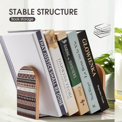 Personalized Wood Book Ends Metal Base Tribal Geometric Stripes Printing Bookend Modern Heavy Duty Bookends for Home Or Office 1 Pair - color: Tribal Geometric Stripes