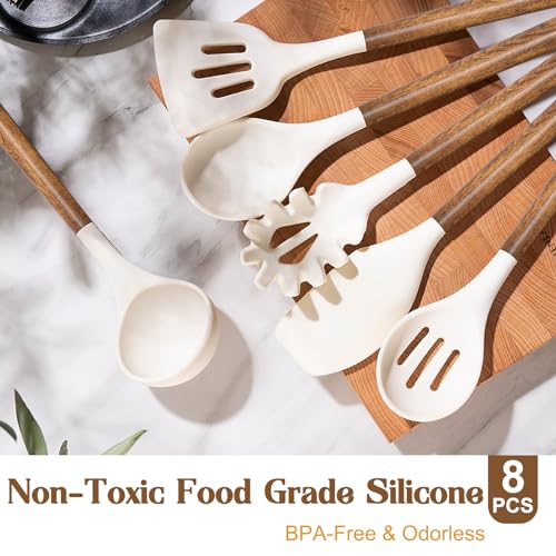 Non-Stick Silicone Kitchen Utensils Set with Natural Acacia Hard Wood Handle, Umite Chef 8 Pieces Kitchen Spatulas set, White, BPA Free, Baking, Serving and Cooking Utensils - color: White