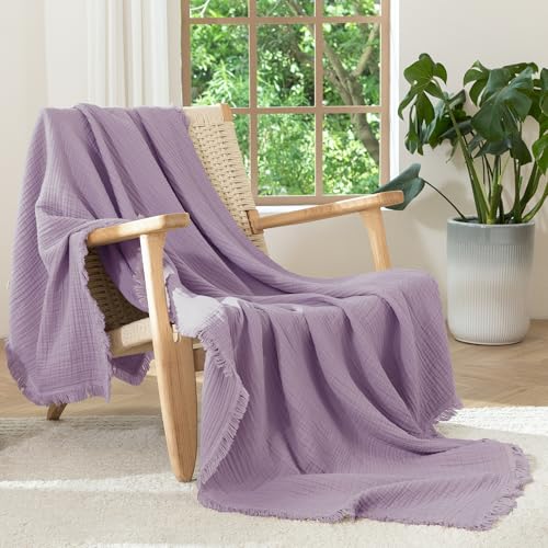 MooMee 100% Cotton Muslin Blanket, Fringed 4-Layer Gauze Bed Couch Throw | Soft Breathable Lightweight Thin Coverlet Summer Blankets for Adults, Bed & Couch All Seasons, Light Purple, 50" x 60" - color: Light Purple, size: Throw