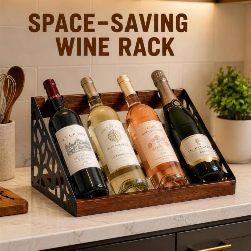 Countertop Wine Rack Display, Wine Bottle Holder, Wood Metal Combination Wine Storage Stand, Hollow Cutout Side Frame Tabletop Wine Organizer Holds 4 Bottles for Kitchen Bar Cabinet
