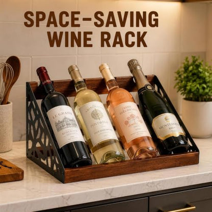 Countertop Wine Rack Display, Wine Bottle Holder, Wood Metal Combination Wine Storage Stand, Hollow Cutout Side Frame Tabletop Wine Organizer Holds 4 Bottles for Kitchen Bar Cabinet