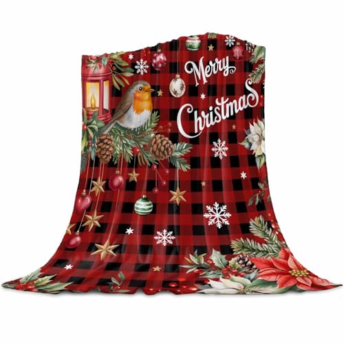 Christmas Robin Bird Throw Blanket, Poinsettia Floral Holly Fruit Xmas Ball Super Soft Warm Flannel Blankets for Bed Couch Sofa Red Plaid Lightweight Fluffy Plush Bed Throws 50x60 Inch - color: Red Black Green, size: 50''x60''