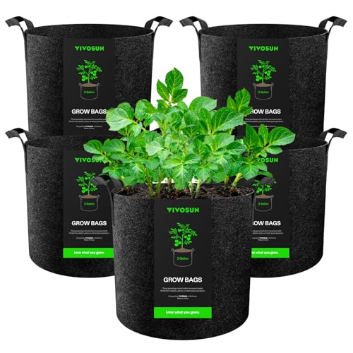 VIVOSUN 5-Pack 3 Gallon Plant Grow Bags Heavy Duty Thickened Nonwoven Fabric Pots with Handles | 300G Thickened Nonwoven Fabric, Excellent Drainage, Healthy Root Growth, BPA-Free, Reusable - color: Black, size: 3 Gallons