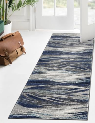 Keen Home Design Abstract Non-Shedding Runner Rug, Soft Thick Pile, 2x8 | Polypropylene High Pile, Jute Back; Ideal For Hallway, Bedside, Home Office - color: Skrik Navy, size: 2'8" x 7'7" (Runner)